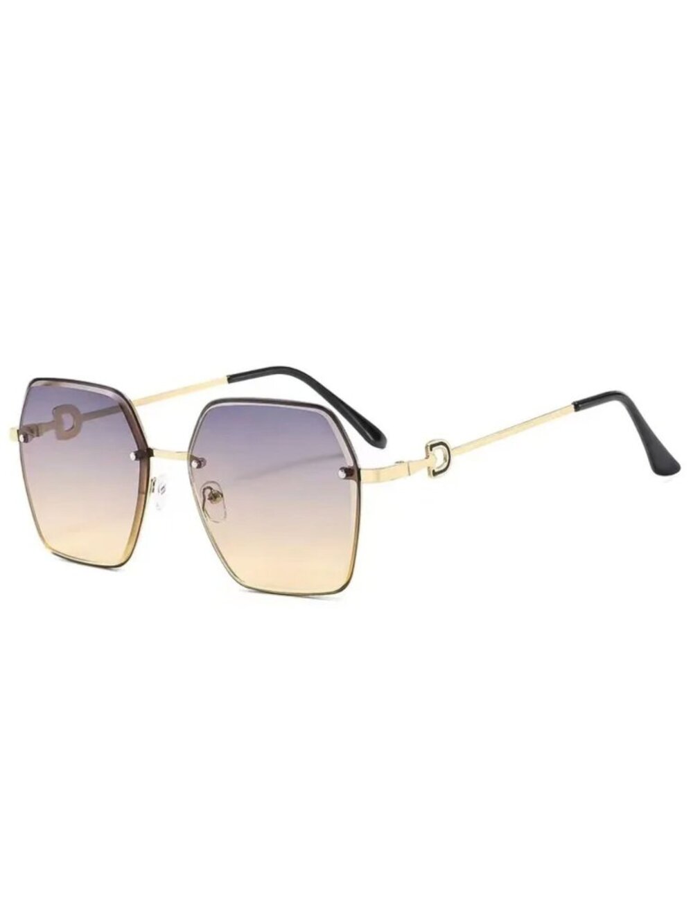 Oversized Unisex Square Grey to Yellow Gradient Sunglasses With Gold Frame